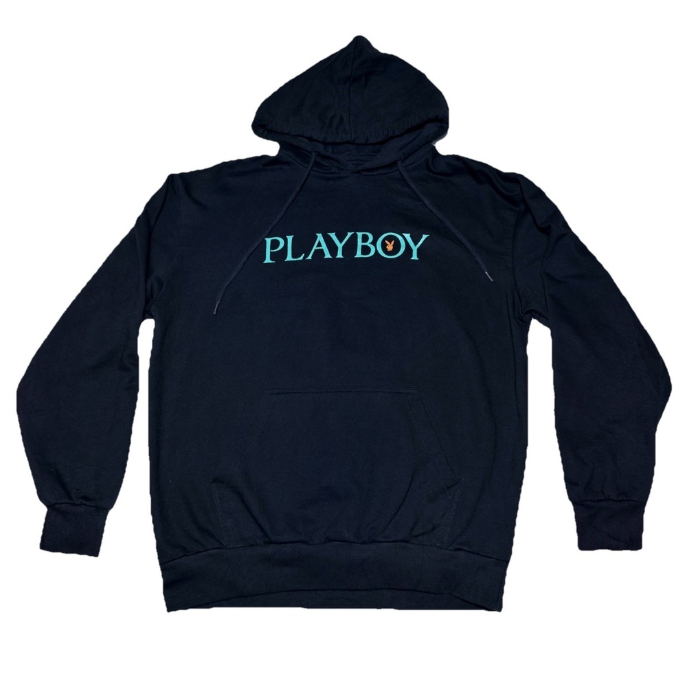 Playboy Hoodie Medium Black Pullover Drawstring Graphic‎ Logo Y2K Sweatshirt